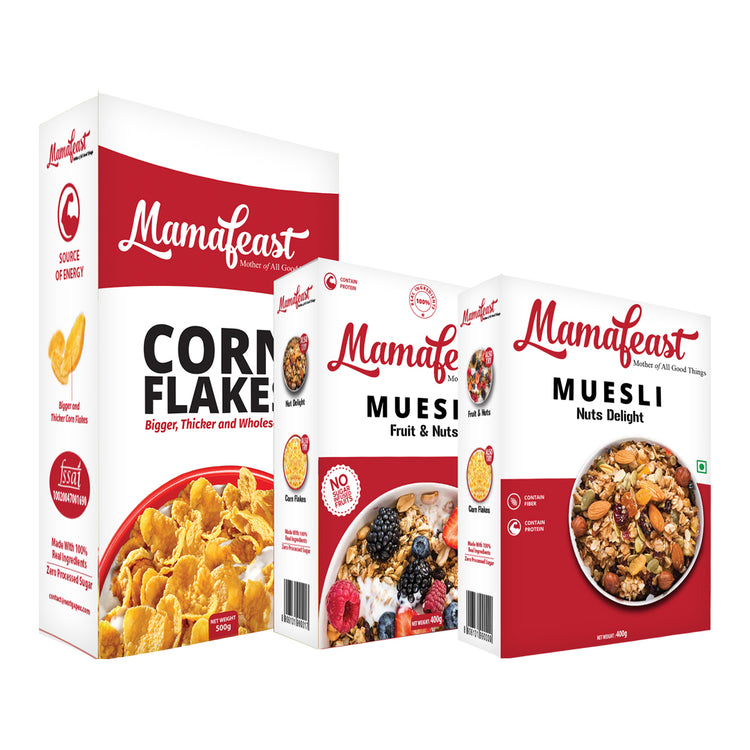 Mamafeast Cornflakes 500g + Muesli Fruit & Nut 400g + Muesli Nuts Delight 400g | Break fast Cereals | High in Iron | High in B Group Vitamins | (Pack of 3) 1.3 KG