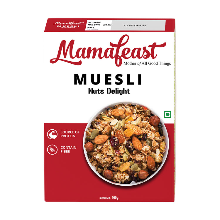 Mamafeast Muesli Nuts Delight 400g | Breakfast Cereal | Cholesterol Free | Whole Grains | Finest Dry fruit Nuts | No Sugar Infused |400g