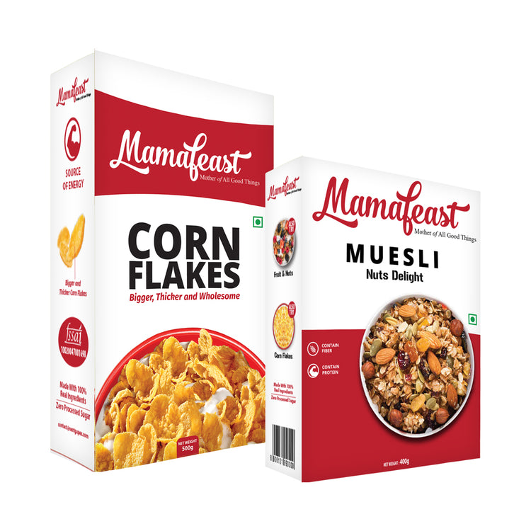 Mamafeast Cornflakes 500g + Muesli Nuts Delight 400g | Break fast Cereals | High in Iron | High in B Group Vitamins | (Pack of 2) 900g