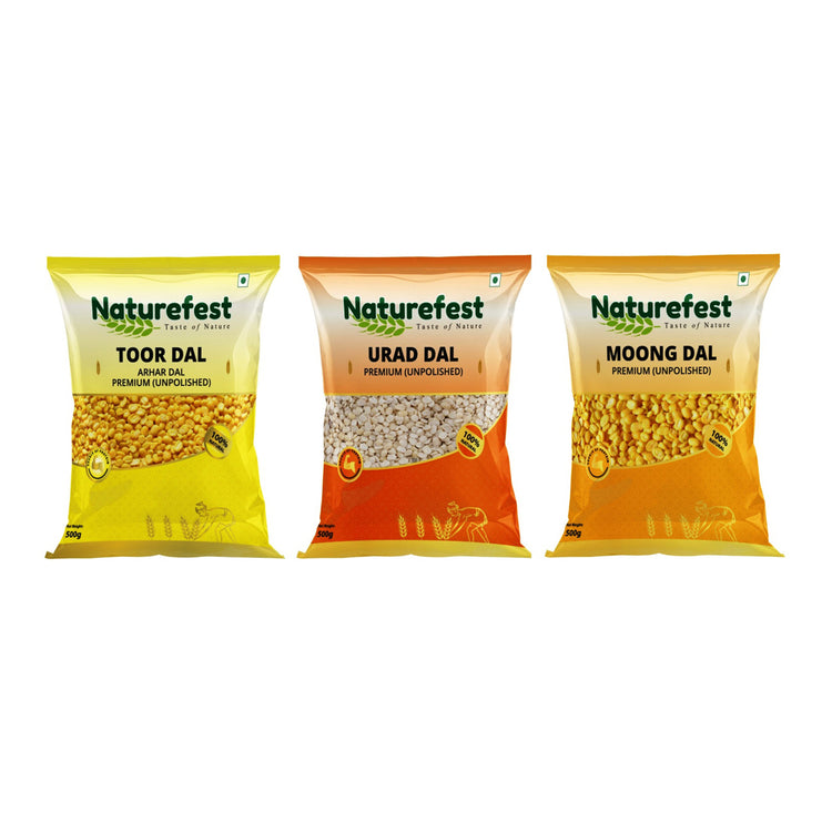 Naturefest Premium Unpolished Moong, Urad & Toor Dal Combo | High In Protein & Fibre | No Preservatives | Pack Of 3x500g | Net.wt.1.5Kg