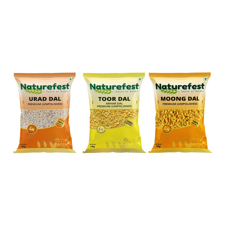 Naturefest Premium Unpolished Moong, Urad & Toor Dal Combo | High In Protein & Fibre | No Preservatives|Pack Of 3 | Net.wt.3Kg