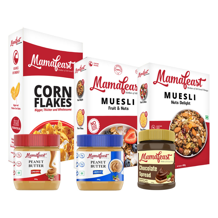 Mamafeast Basket: Cornflakes 250gm (2 units) + Muesli Nuts Delight 400gm + Muesli Fruit & Nuts 400gm + Peanut Butter Creamy 340gm + Peanut Butter Crunchy 340gm + Chocolate spread 350gm