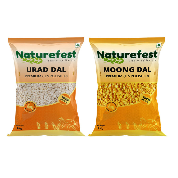 Naturefest Premium Unpolished Moong 1KG & Urad Dal 1KG Combo | Sundried Pulses | High In Protein & Fibre | No Preservatives | Net.wt.2Kg