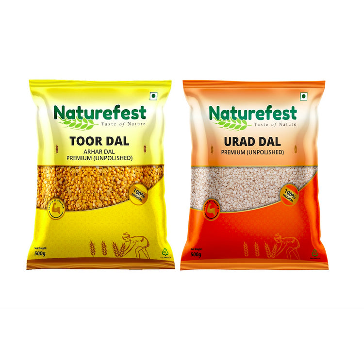 Naturefest Premium Unpolished Toor 500G & Urad Dal 500G Combo | Sundried Pulses | High In Protein & Fibre | No Preservatives | Net.1Kg